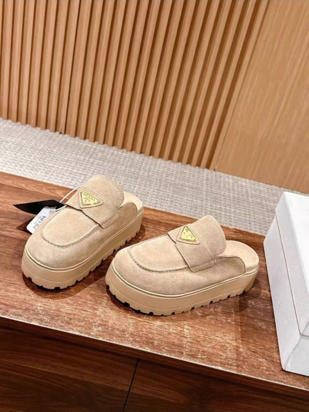 Prada Beige Thick Sole Suede Mules